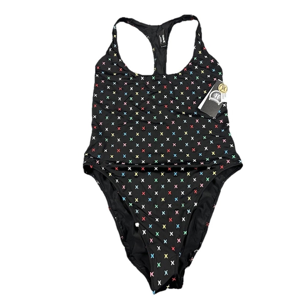 Hurley Icon Cheeky Icon Women's Swimsuit Black All Over Colored Logos XL 1-Piece